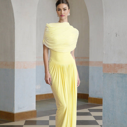 Anna Maxi Dress in Yellow Pleated and Draped Asymmetrical Silhouette Mesh Shawl Floor-Length Slip-On Style Dress