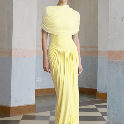 Anna Maxi Dress in Yellow Pleated Asymmetrical Silhouette Mesh Shawl Sleeveless Floor-Length
