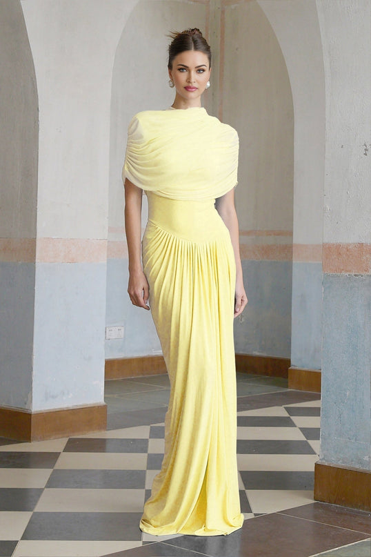 Anna Maxi Dress in Yellow Pleated Asymmetrical Silhouette Mesh Shawl Sleeveless Floor-Length