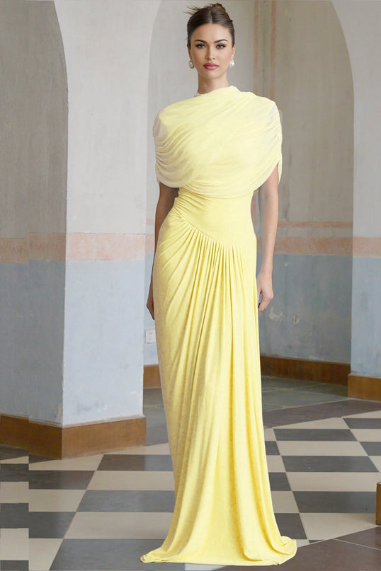 Anna Maxi Dress in Yellow Pleated Asymmetrical Silhouette Mesh Shawl Sleeveless Floor-Length
