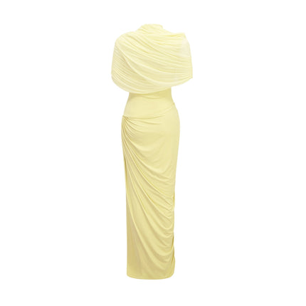 Anna Maxi Dress in Yellow Pleated and Draped Asymmetrical Silhouette Mesh Shawl Sleeveless Floor-Length Slip-On Style