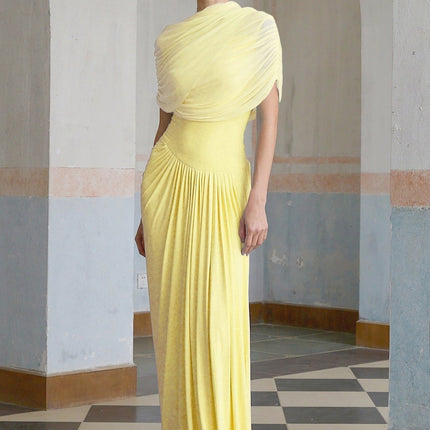 Anna Maxi Dress Yellow Pleated Draped Asymmetrical Silhouette Sleeveless Mesh Shawl Floor-Length Slip-On Style