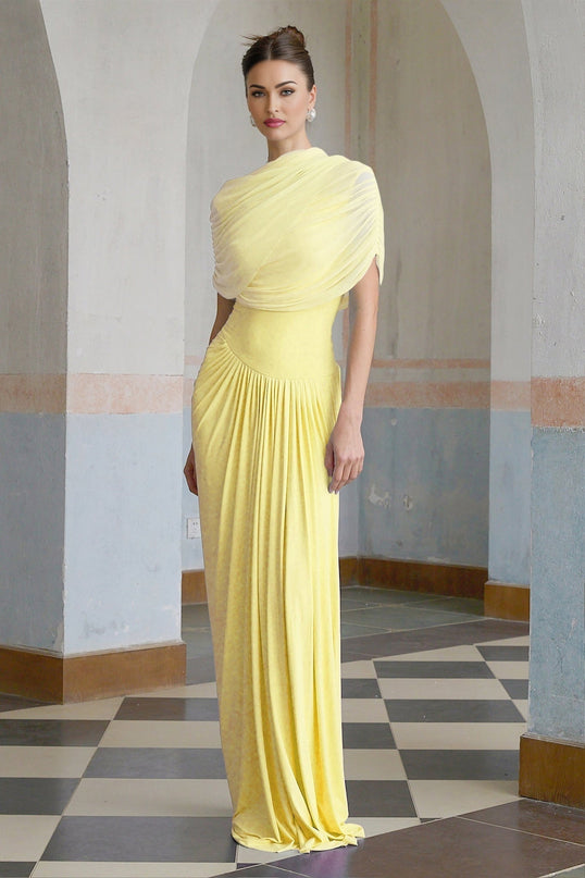 Anna Maxi Dress Yellow Pleated Draped Asymmetrical Silhouette Sleeveless Mesh Shawl Floor-Length Slip-On Style