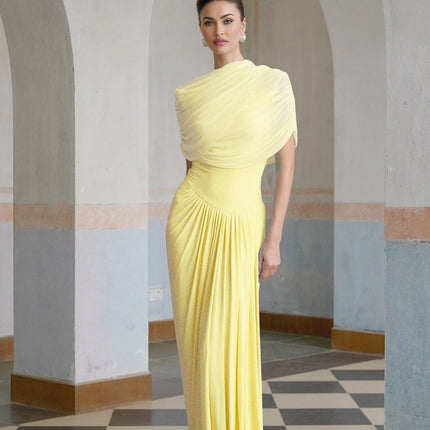 Anna Maxi Dress in Yellow Pleated Asymmetrical Silhouette Mesh Shawl Sleeveless Floor-Length Elegant