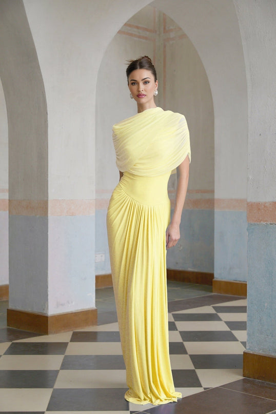 Anna Maxi Dress in Yellow Pleated Asymmetrical Silhouette Mesh Shawl Sleeveless Floor-Length Elegant