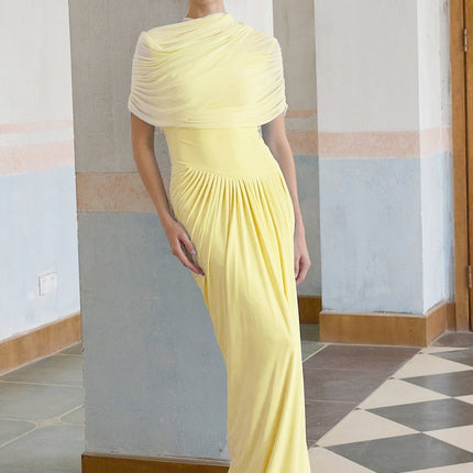 Anna Maxi Dress in Yellow Pleated Draped Asymmetrical Silhouette Mesh Shawl Floor-Length Slip-On Style