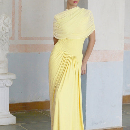 Anna Maxi Dress in Yellow Pleated Draped Asymmetrical Silhouette Mesh Shawl Sleeveless Elegant