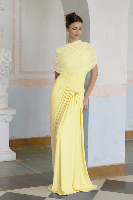 Anna Maxi Dress in Yellow Pleated Draped Asymmetrical Silhouette Mesh Shawl Sleeveless Elegant
