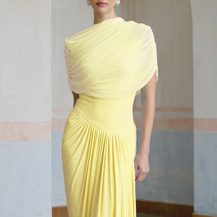Anna Maxi Dress in Yellow Pleated Asymmetrical Silhouette Mesh Shawl Sleeveless Floor-Length Slip-On Style