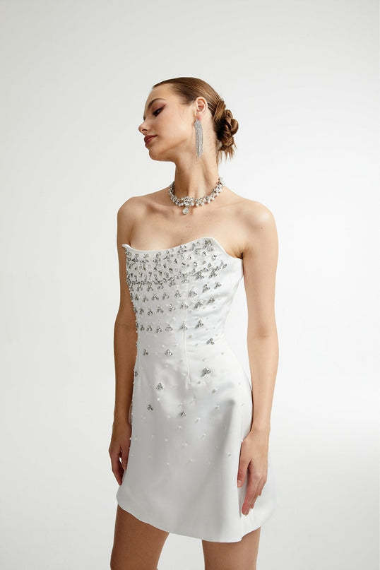 Anna White Off-shoulder Mini Dress Crystal Detailing