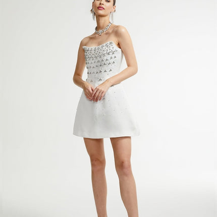 Anna White Off-shoulder Mini Dress With Crystal Detailing
