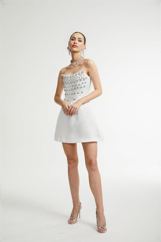 Anna White Off-shoulder Mini Dress With Crystal Detailing