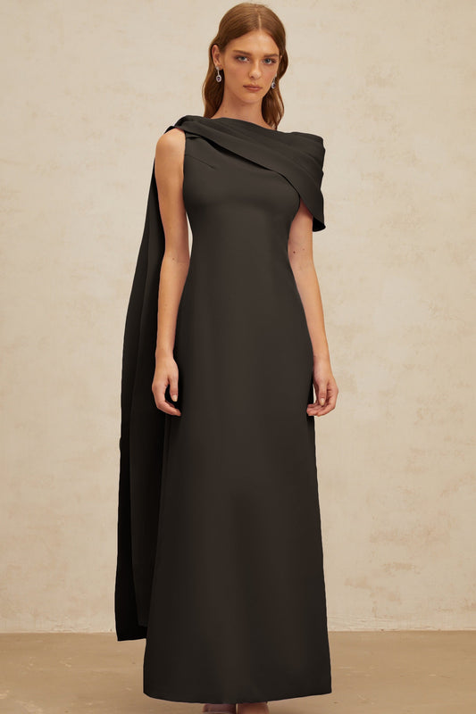 Annabelle Black CapeDesign Ribbon Maxi Dress