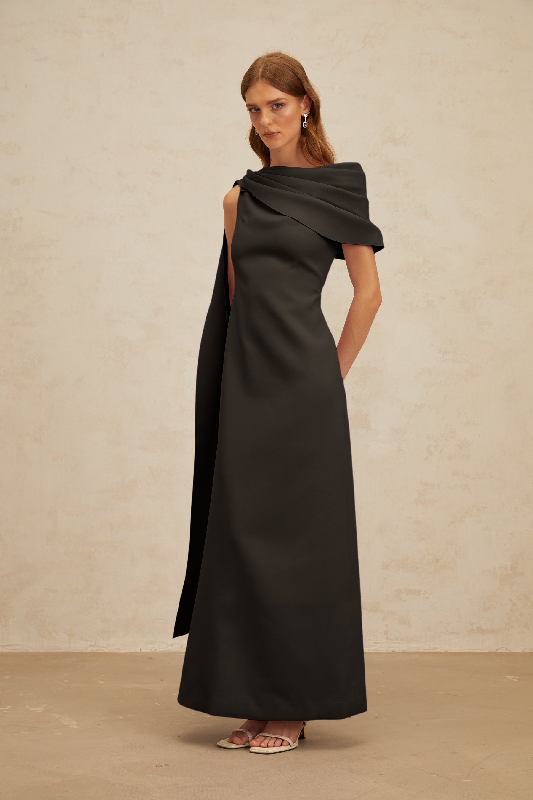 Annabelle Black CapeDesign Ribbon Maxi Dress