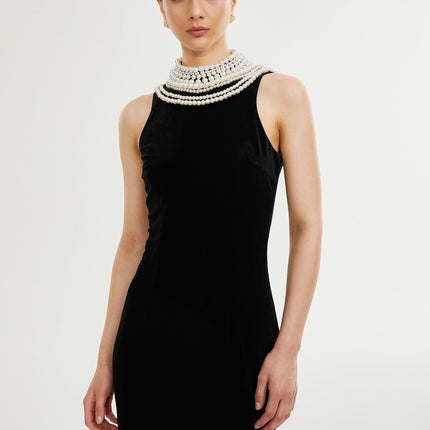 Annabelle Black High Neck Sleeveless Dress with Faux-Pearl Detailing and Open Back
