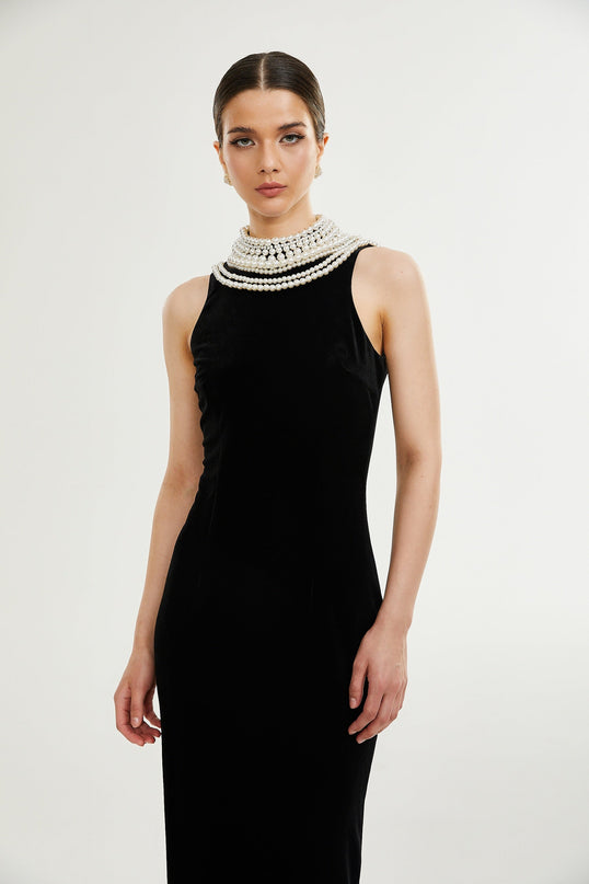 Annabelle Black High Neck Sleeveless Dress with Faux-Pearl Detailing and Open Back