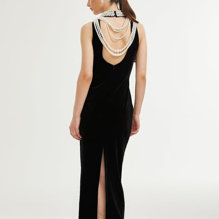 Annabelle Black High Neck Open Back Ankle-Length Dress with Faux-Pearl Detailing