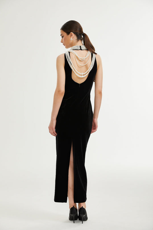 Annabelle Black High Neck Open Back Ankle-Length Dress with Faux-Pearl Detailing