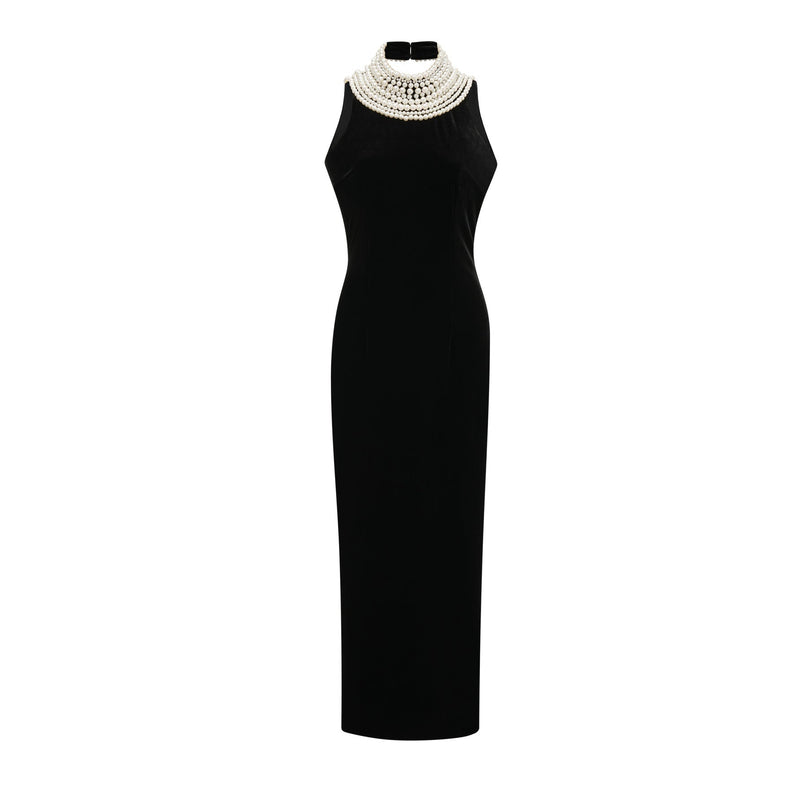 Annabelle Black High Neck Sleeveless Ankle-Length Dress with Faux-Pearl Detailing and Rear Slit