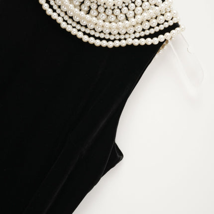 Annabelle Black High Neck Sleeveless Open Back Ankle-Length Dress with Faux-Pearl Detailing and Rear Slit