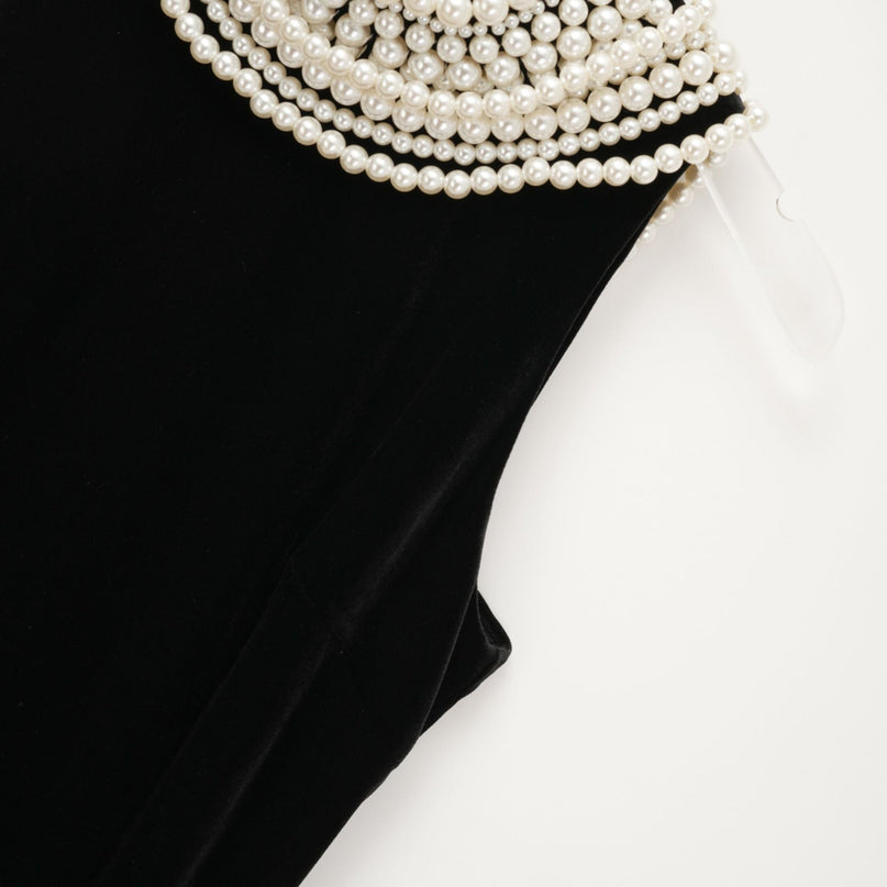 Annabelle Black High Neck Sleeveless Open Back Ankle-Length Dress with Faux-Pearl Detailing and Rear Slit