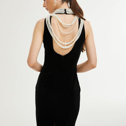 Annabelle Black High Neck Sleeveless Open Back Faux-Pearl Detail Ankle-Length Dress