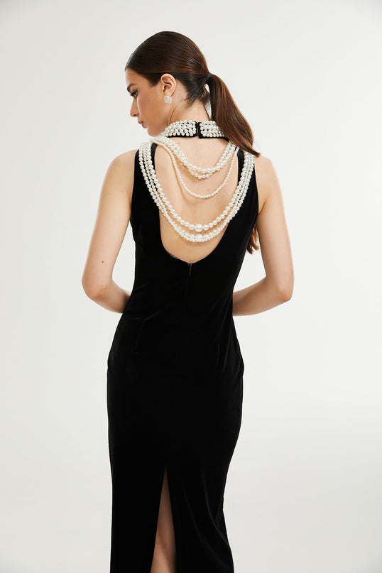Annabelle Black High Neck Sleeveless Open Back Faux-Pearl Detail Ankle-Length Dress