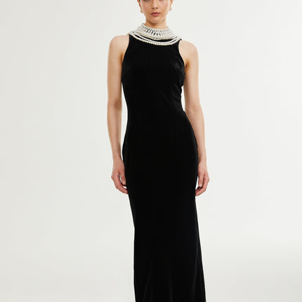 Annabelle Black High Neck Sleeveless Open Back Dress with Faux-Pearl Detailing and Rear Slit