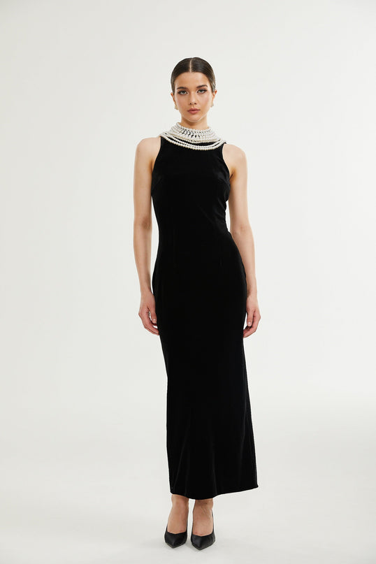 Annabelle Black High Neck Sleeveless Open Back Dress with Faux-Pearl Detailing and Rear Slit