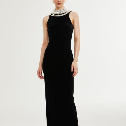 Annabelle Black High Neck Sleeveless Dress with Faux-Pearl Detailing and Draped Silhouette