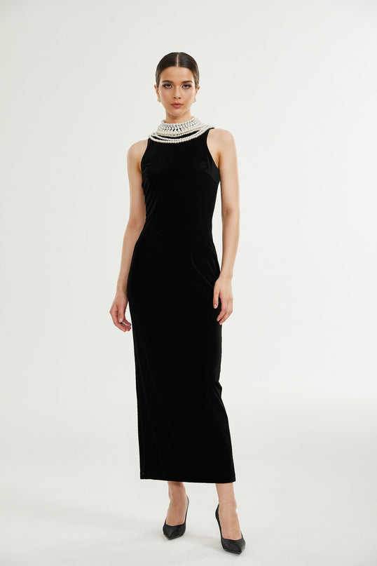 Annabelle Black High Neck Sleeveless Dress with Faux-Pearl Detailing and Draped Silhouette