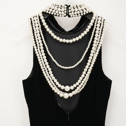 Annabelle Black High Neck Sleeveless Open Back Ankle-Length Dress with Faux-Pearl Detailing