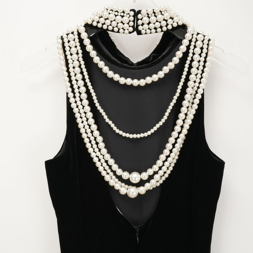 Annabelle Black High Neck Sleeveless Open Back Ankle-Length Dress with Faux-Pearl Detailing