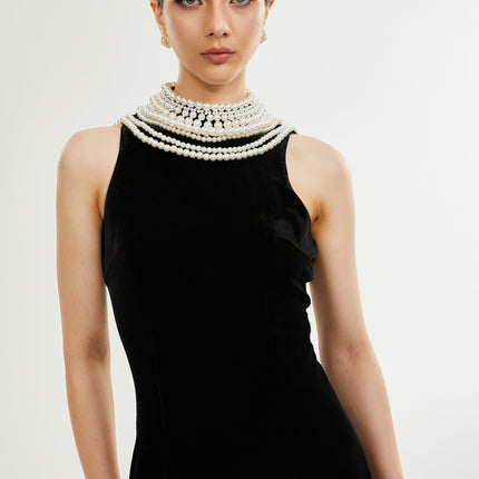 Annabelle Black High Neck Sleeveless Open Back Dress with Faux-Pearl Detailing and Rear Slit