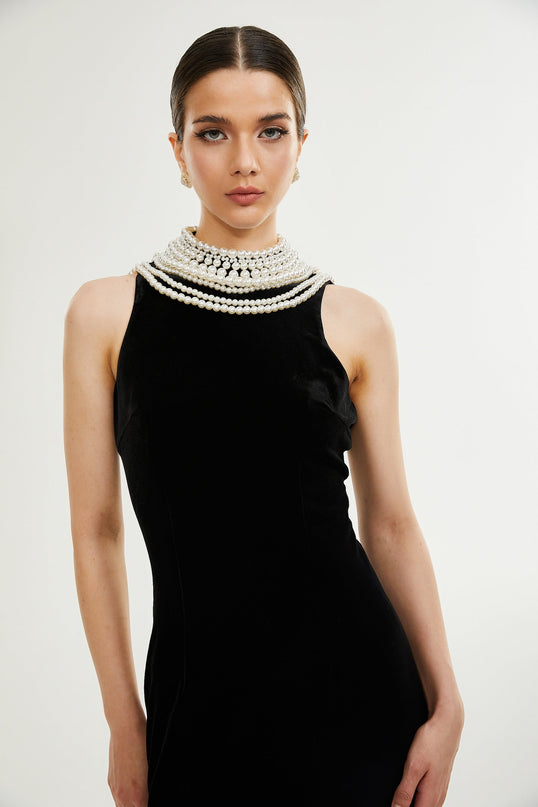 Annabelle Black High Neck Sleeveless Open Back Dress with Faux-Pearl Detailing and Rear Slit