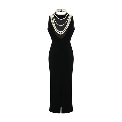 Annabelle Black High Neck Sleeveless Open Back Dress with Faux-Pearl Detailing and Rear Slit