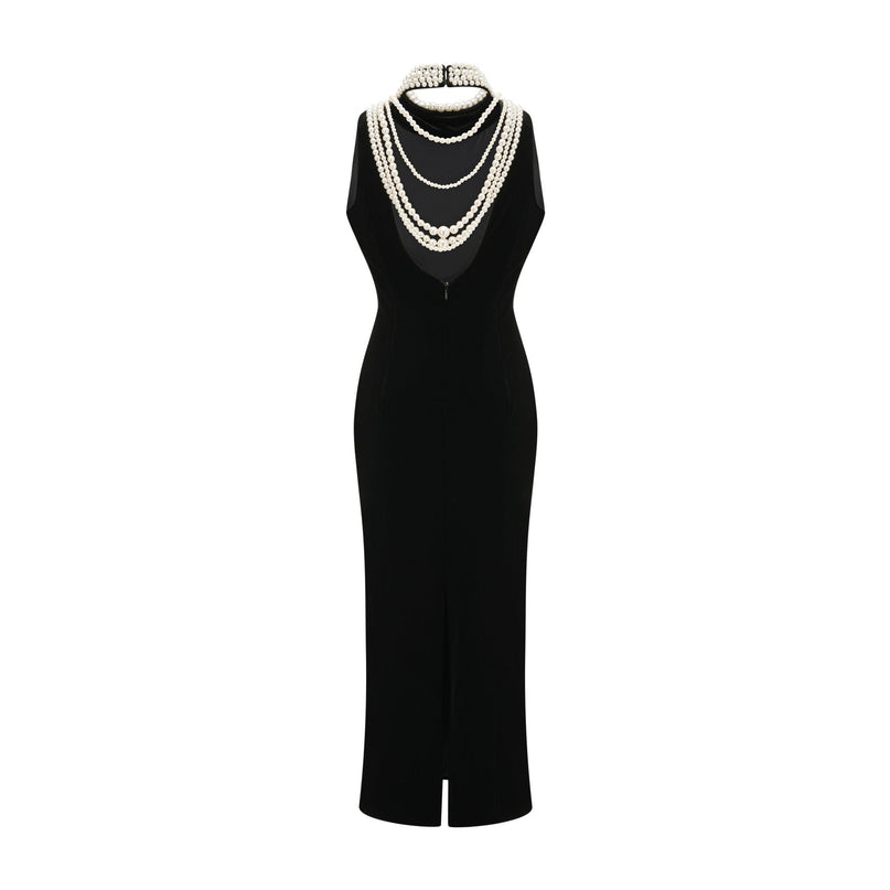 Annabelle Black High Neck Sleeveless Open Back Dress with Faux-Pearl Detailing and Rear Slit