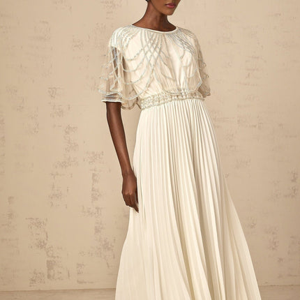 Annabelle White Crystal Embellished Maxi Dress with Cinched Waist and Pleated Skirt