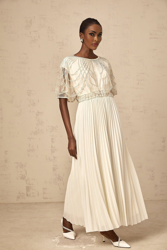 Annabelle White Crystal Embellished Maxi Dress with Cinched Waist and Pleated Skirt