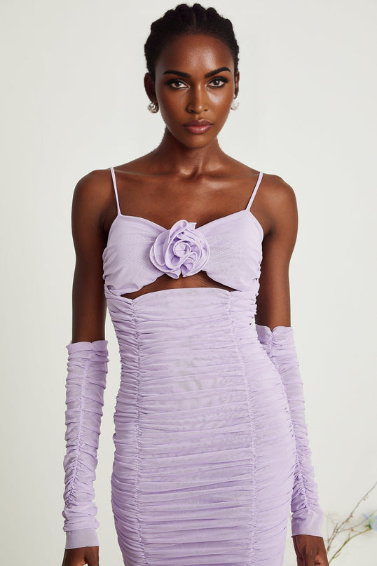 Annabelle purple fauxflower ruched midi dress