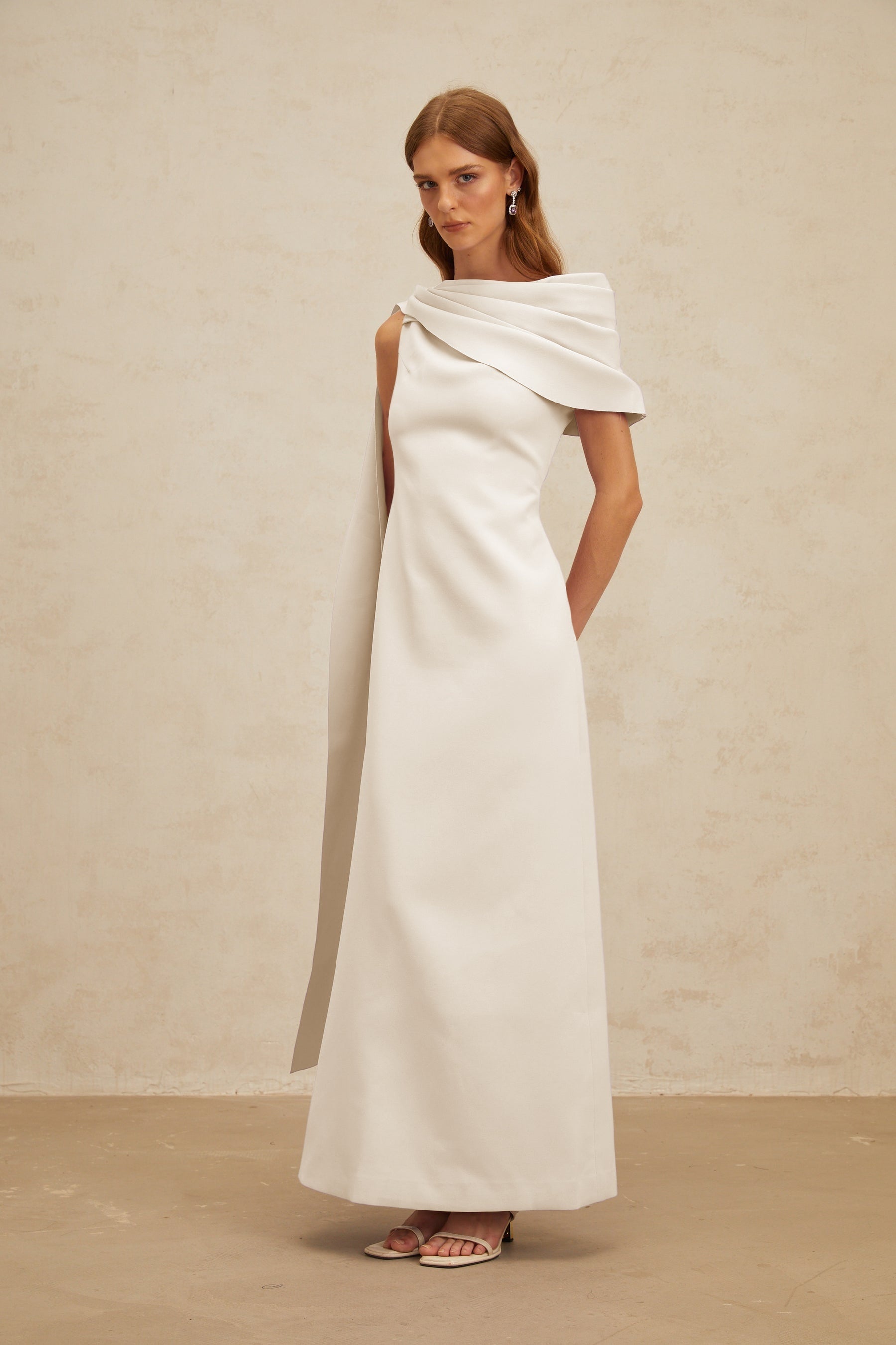 Annabelle White CapeDesign Ribbon Maxi Dress