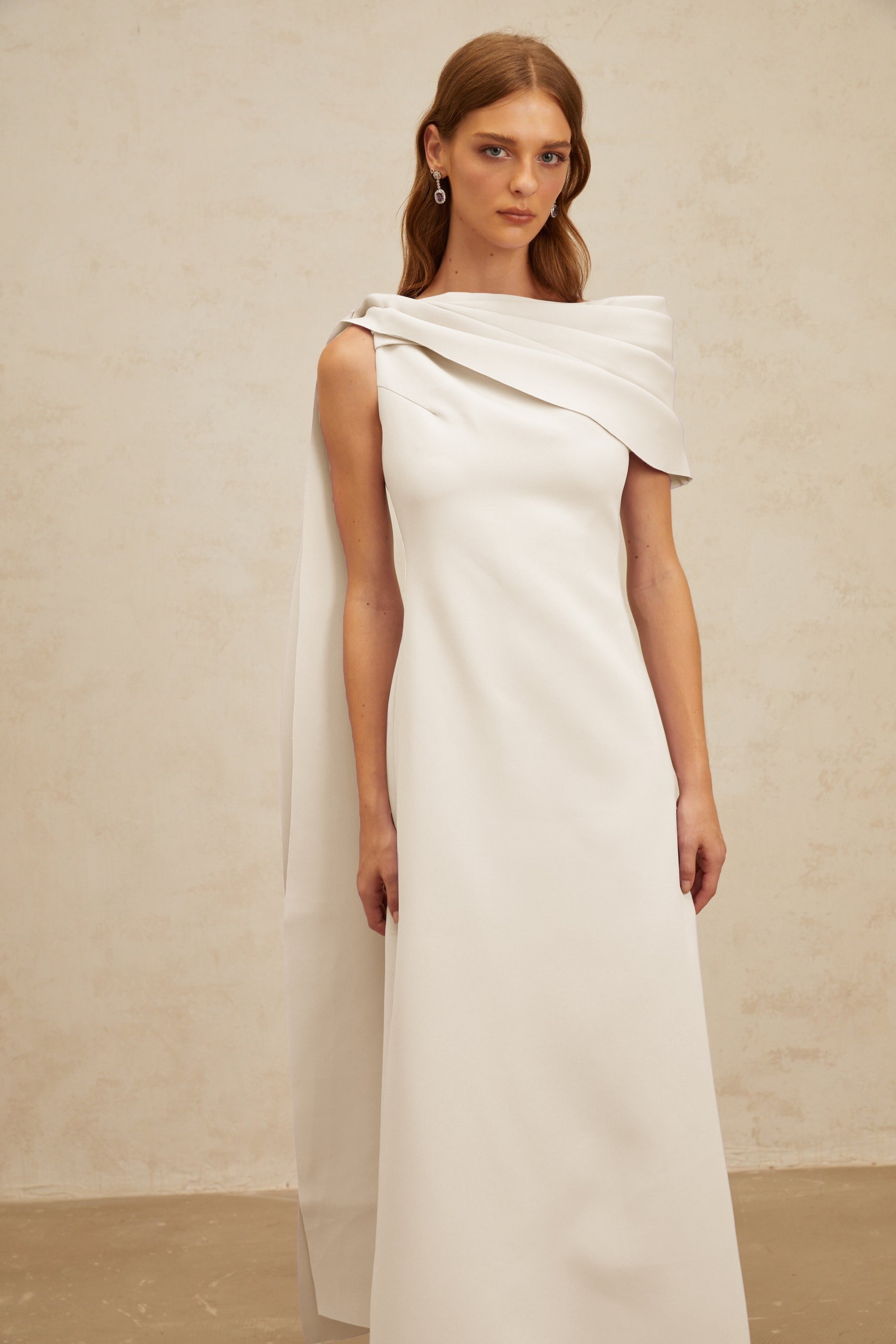 Annabelle White CapeDesign Ribbon Maxi Dress