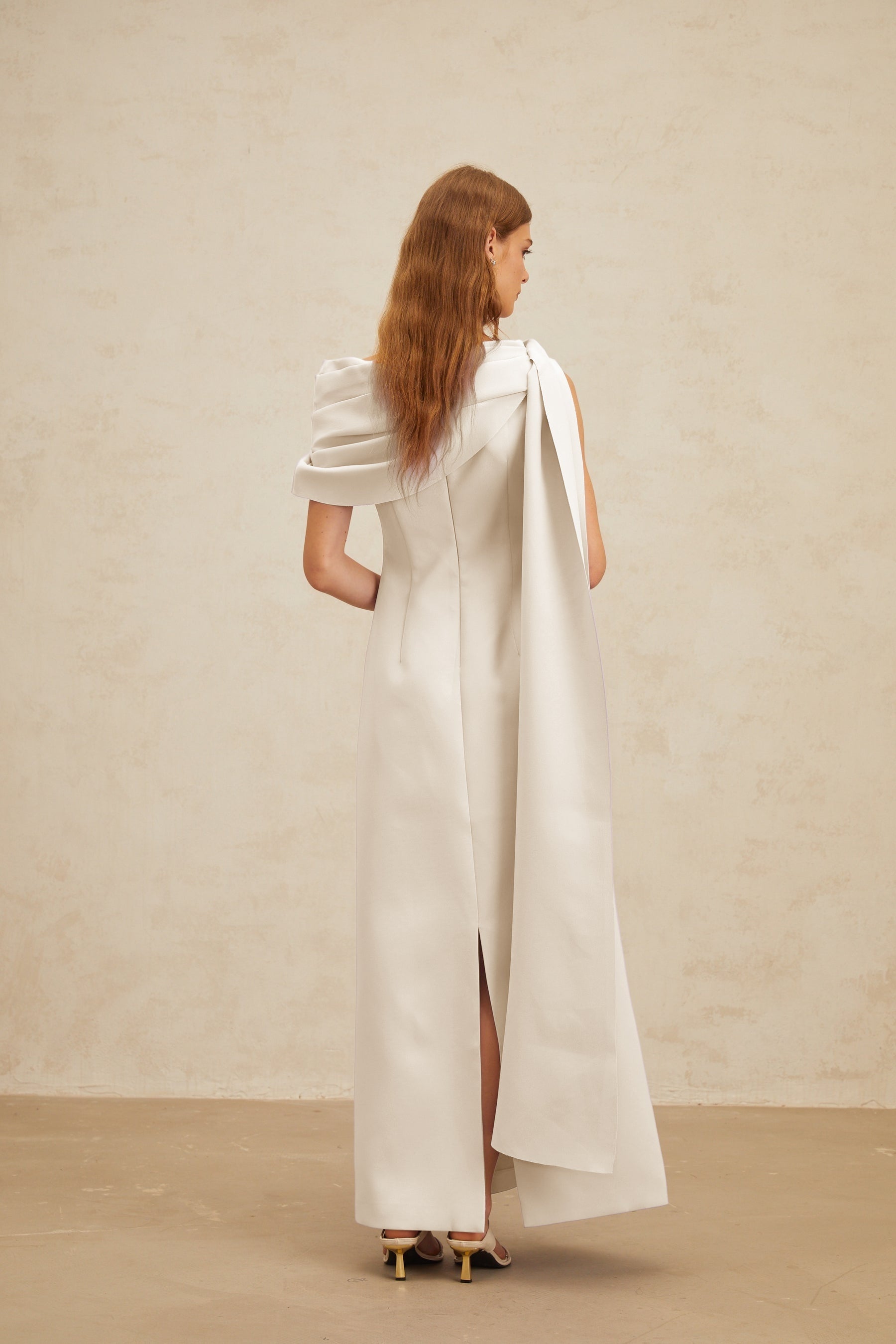 Annabelle White CapeDesign Ribbon Maxi Dress