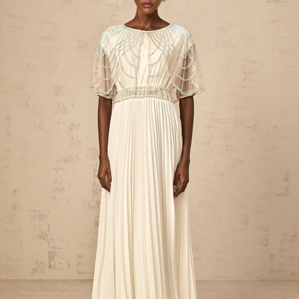 Annabelle White Crystal Embellished Maxi Dress with Cinched Waist and Pleated Skirt
