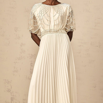 Annabelle White Crystal Embellished Maxi Dress with Cinched Waist and Pleated Skirt