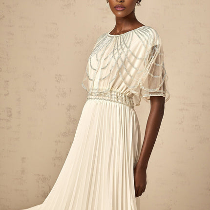 Annabelle White Crystal Embellished Maxi Dress with Cinched Waist and Pleated Skirt