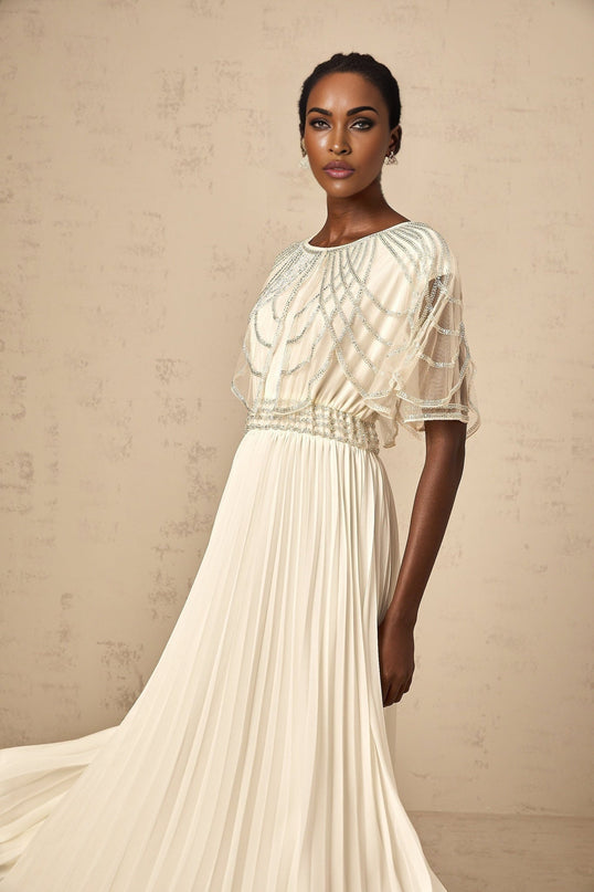 Annabelle White Crystal Embellished Maxi Dress with Cinched Waist and Pleated Skirt