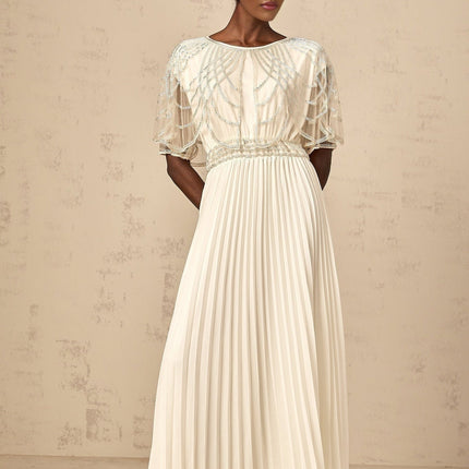 Annabelle White Crystal Embellished Maxi Dress with Cinched Waist and Pleated Skirt