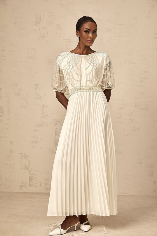 Annabelle White Crystal Embellished Maxi Dress with Cinched Waist and Pleated Skirt