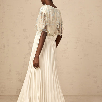 Annabelle White Crystal Embellished Maxi Dress with Cinched Waist and Pleated Skirt